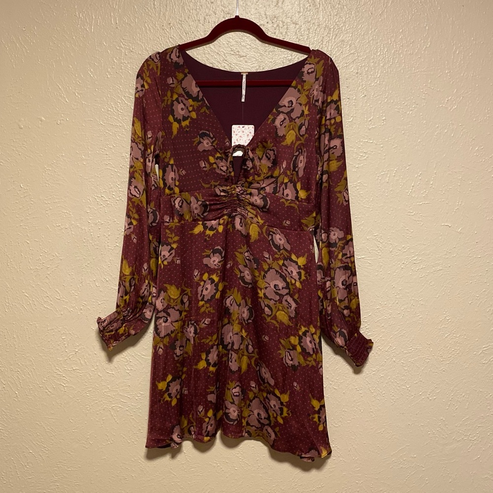 Free People NWT Sexy Satin Burgundy Black and Gold Long Sleeve Mini sz 10
